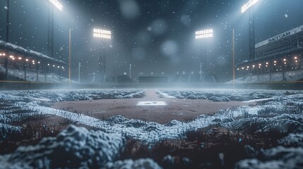 A floodlit baseball field covered in snow during late evening snowfall, creating a mesmerizing and serene winter sport atmosphere, perfect for an evening game venue.