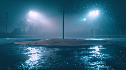 A rainy night scene of a baseball field with a central pole light, the ground is flooded, creating a reflective surface and atmospheric ambiance with glowing stadium lights.