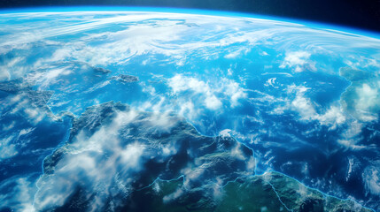 Stunning high-altitude view of Earth showing continents, clouds and oceans from space.