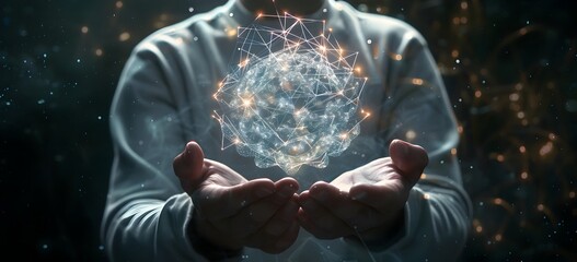 A man holds in his hands an abstract hologram of the universe, with neural networks and connections depicted on a dark background