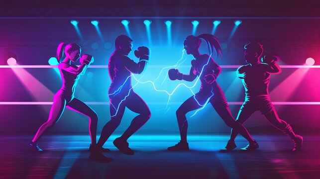 An electric-themed illustration of a boxing face-off, depicting two boxers with dynamic, energy-filled effects under bright lights, surrounded by animated spectators in a vibrant arena.
