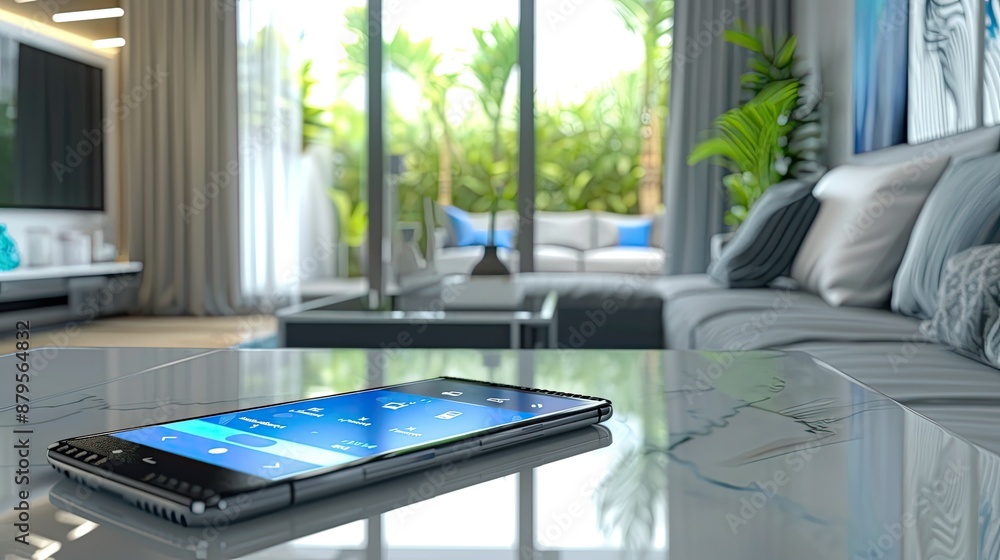 Poster smartphone displaying smart home control interface, sleek and modern room setting