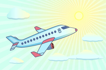 Naklejka premium Airplane blue color with pink tips. Plane in cartoon design. Passenger plane flying in the sky with clouds. Travel concept. Toy plane graphic. Flat style vector illustration. Sunny weather