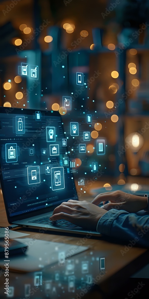 Poster person typing on a laptop with digital security icons floating around, representing cybersecurity an