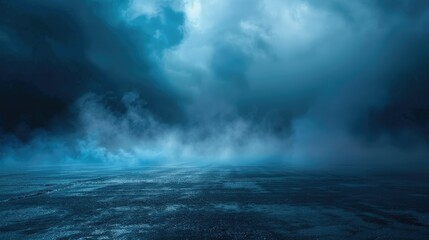 Fototapeta premium Smoky asphalt floor and dark blue empty street under thunderstorm in abstract studio environment