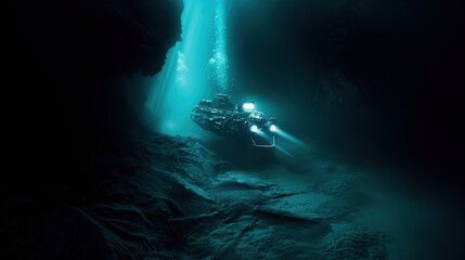 Underwater exploration vehicle with lights in a dark ocean cave, casting light on sandy bottom.