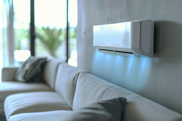Fototapeta premium air purifier or AC conditioner in living room, copy space