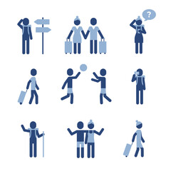 Fototapeta premium Pictogram travel set with characters in simle style. Holiday or vocation activity icons.