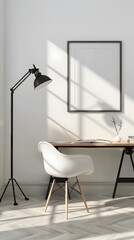 Minimalist Home Office with Clean Sleek Lamp and Frame Mockup 3D Rendering