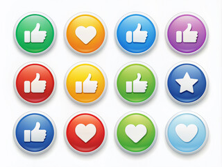 Fototapeta premium Colorful icons and buttons for liking, sharing, commenting, and messaging, arranged in a modern and sleek layout, with various shapes and sizes, on a white background.