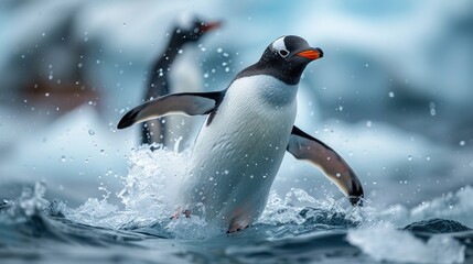 Obraz premium Vibrant penguin splashing in icy Antarctic waters, showcasing wildlife in its natural habitat during a thrilling ocean adventure.