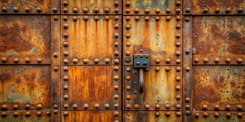 Rusted Metal Door with Rivets and Handle, close-up , texture , grunge , industrial , metal door