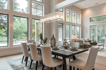Fototapeta premium Modern Dining Room with Large Windows and Natural Light