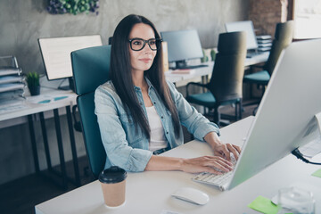 Photo of attractive good mood lady agent dressed jeans shirt working computer indoors workplace...