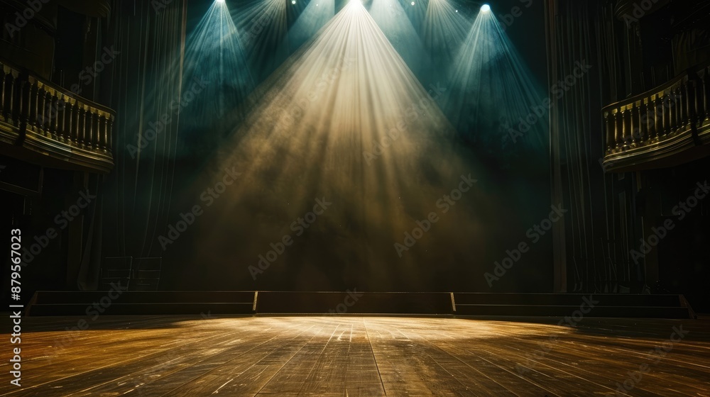 Poster empty theater stage with a spotlight illuminating the center, creating a dramatic scene ready for a 