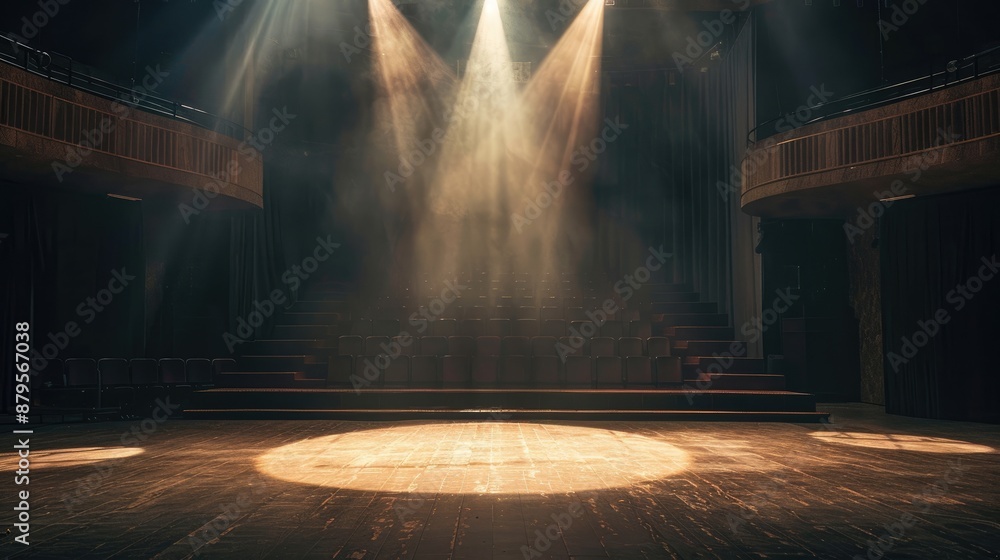 Poster empty theater stage with a spotlight illuminating the center, creating a dramatic scene ready for a 