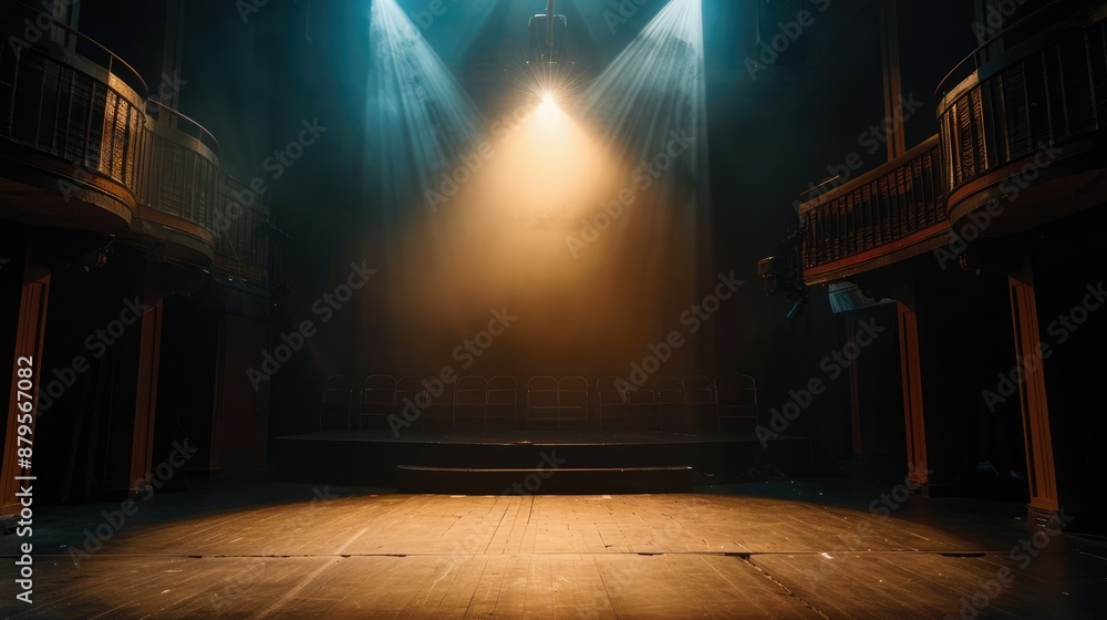 Poster empty theater stage with a spotlight illuminating the center, creating a dramatic scene ready for a 