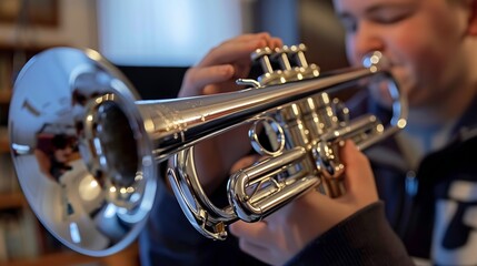 A young musician is deeply engaged in playing a shiny silver trumpet, showcasing their dedication and passion for music in a cozy indoor setting.