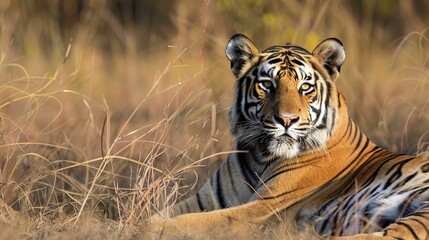 Fototapeta premium A majestic tiger lies in tall grass, showcasing its elegance and power with a watchful gaze, blending perfectly with its natural habitat under the sunlight.
