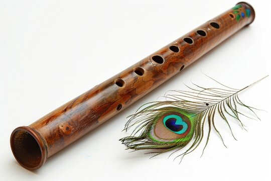 Instrument with beautiful peacock feather on white background