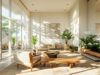 Fototapeta premium Bright and airy mid century inspired living room with plush velvet armchairs a natural wooden bench 