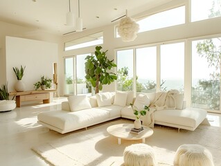 Bright and airy modern living room showcasing a clean contemporary design aesthetic with sleek white furnishings lush greenery and a statement light fixture creating a cozy and inviting atmosphere 