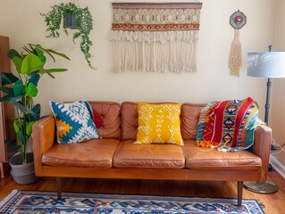 Cozy and eclectic living room blending mid century and bohemian elements  featuring a vintage leather sofa  macrame wall hanging  and colorful patterned pillows that create a warm  inviting 
