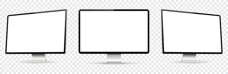 Three monitor with empty display, realistic set device screen mockup isolated on transparent background