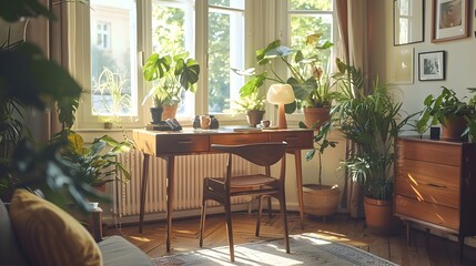 Fototapeta premium Cozy and inviting home office with a stylish mid century modern desk warm wooden accents and lush potted plants 