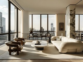 Fototapeta premium Elegant pared down living room featuring a streamlined sofa and armchairs a marble top console table and floor to ceiling windows that let in ample natural light creating a peaceful 
