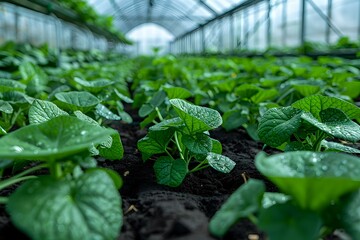 Lush green plants growing in a greenhouse, showcasing agricultural and gardening themes. Perfect for topics of sustainability, farming, and fresh produce.