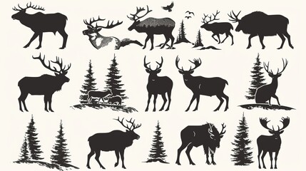 Obraz premium Black and white silhouettes of various wildlife animals, including deer, moose, and birds, are depicted in a natural setting with trees and a rustic feel.