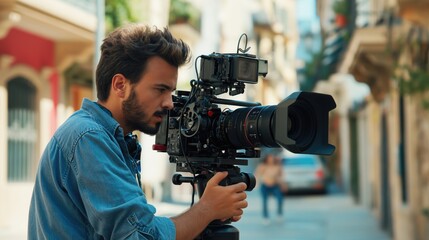 Handsome young camera man making video outdoors in daylight