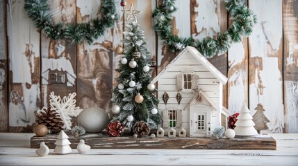 Christmas scene featuring white wooden house tree and decorations on rustic wooden backdrop Festive holiday card