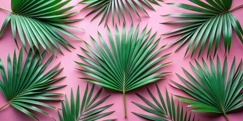 Obraz premium Tropical Palm Leaves on Pink Background, Flat Lay, Green, Pink, Summer , Minimalist, Nature, Design