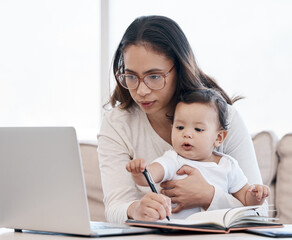 Mother, baby and work from home on laptop of business planning, multitasking and writing ideas or...