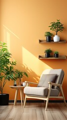 a painting of a living room with a yellow wall and a chair with a yellow wall.