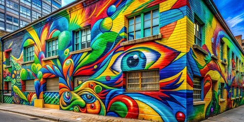 Obraz premium Urban Wall Mural with Windows, Eye Design, Abstract, Colorful, Graffiti, Street Art, Art, Wall Painting , Street Art , Mural