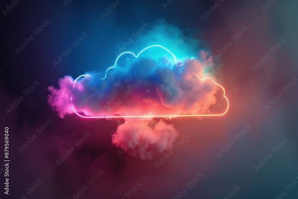 Poster neon cloud computing symbol glowing on a dark background, representing modern technology and data st