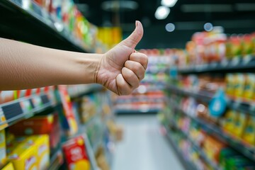 A close up of thumb up given by customer with supermarket aisle background. Showing customer satisfaction with great deals offered by the supermarket.