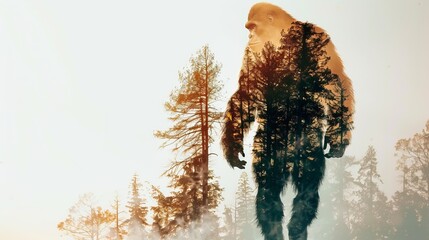 Majestic shadow of a gigantic creature overlain by forest trees creating an enigmatic and surreal visual composition that evokes curiosity and the unknown.