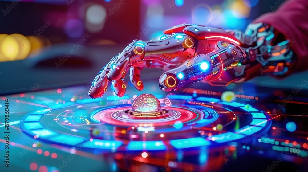 Poster Futuristic robotic hand interacting with a digital interface. Concept of AI technology and human-computer interaction in a colorful, high-tech setting.