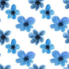 Watercolour blue delicate flowers illustration seamless pattern. On white background. Drawn Botanical. For fabric, wallpaper, wrapping. Summer, spring vibes print decor. Hand painted floral elements.