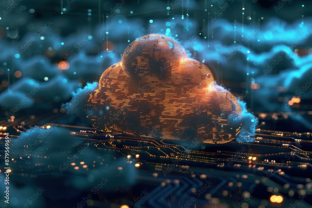 Poster cloud computing technology concept featuring a glowing cloud symbol appearing over a circuit board