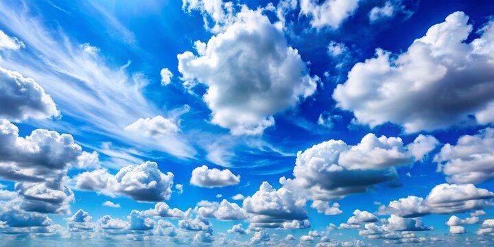 White Fluffy Clouds Against a Bright Blue Sky, Wide Shot, Landscape Composition, Vivid Colors, Cloud Formations, Sky Photography, Cloudscape, Nature, Weather, Atmosphere