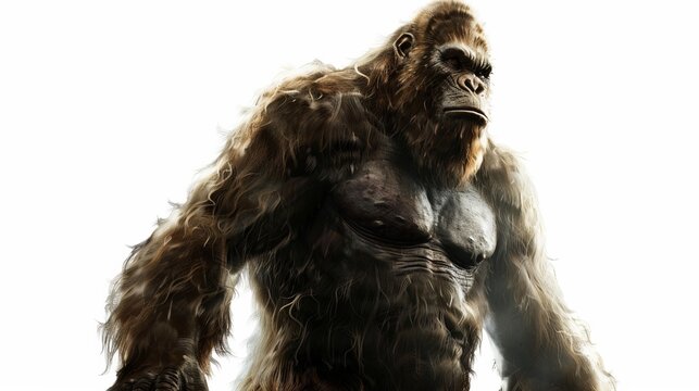 Detailed close-up portrait illustration of a hulking Bigfoot, capturing its imposing figure and dense, intricate fur texture against a white background in a hyper-realistic style.