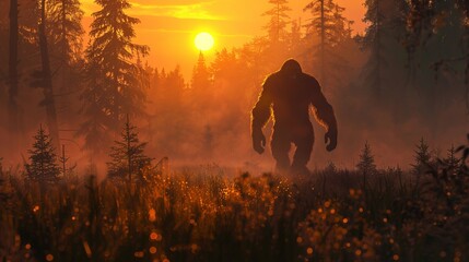 A large, mysterious creature walks through a misty forest at sunrise, blending with the stark silhouette of the trees and the morning light.