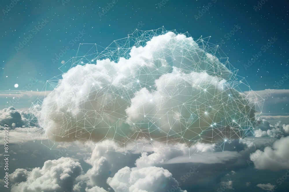 Aufkleber Cloud computing network connecting lines glowing on fluffy white clouds with blue sky background