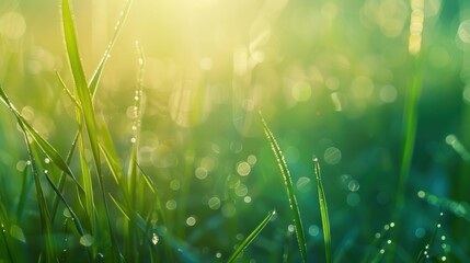 Fototapeta premium Dewdrops on Grass Blades in Morning Sunlight