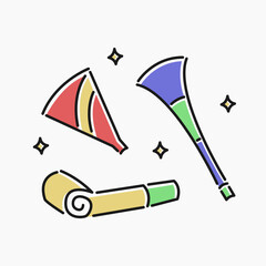Party trumpet cartoon flat line art. Illustration of a party trumpet set, perfect for needs related to new year, celebrations, holidays, birthdays, parties and more.